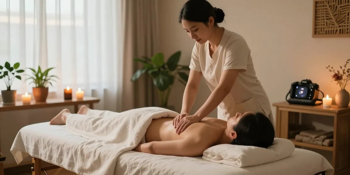 마사지 테라피 중인 모습과 아로마 캔들, 편안한 분위기의 스튜디오
