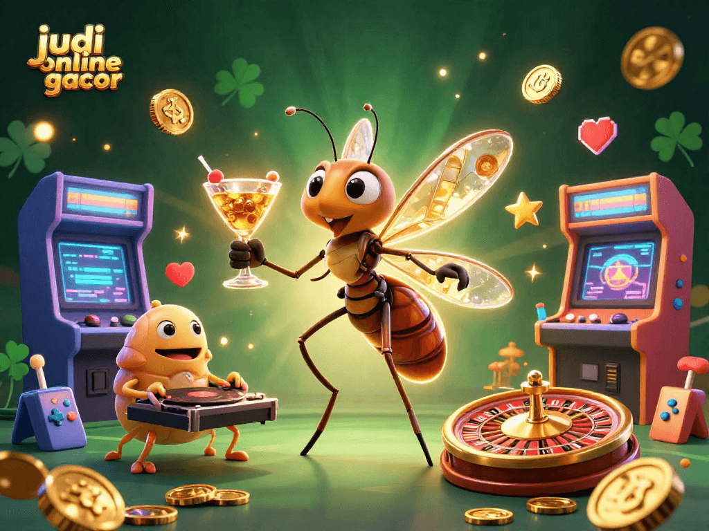 Gambaran judi online gacor dengan karakter kasino berwarna-warni dan mesin permainan menarik.