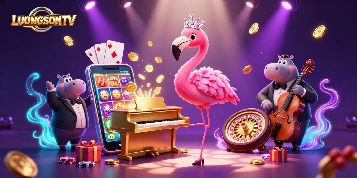 LUONGSONTV showcases an exciting casino scene with dynamic 3D characters and vibrant gambling elements.