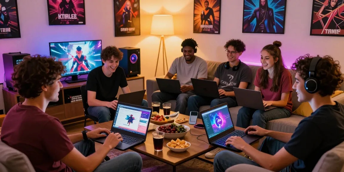 Group playing html sex games in a friendly living room environment