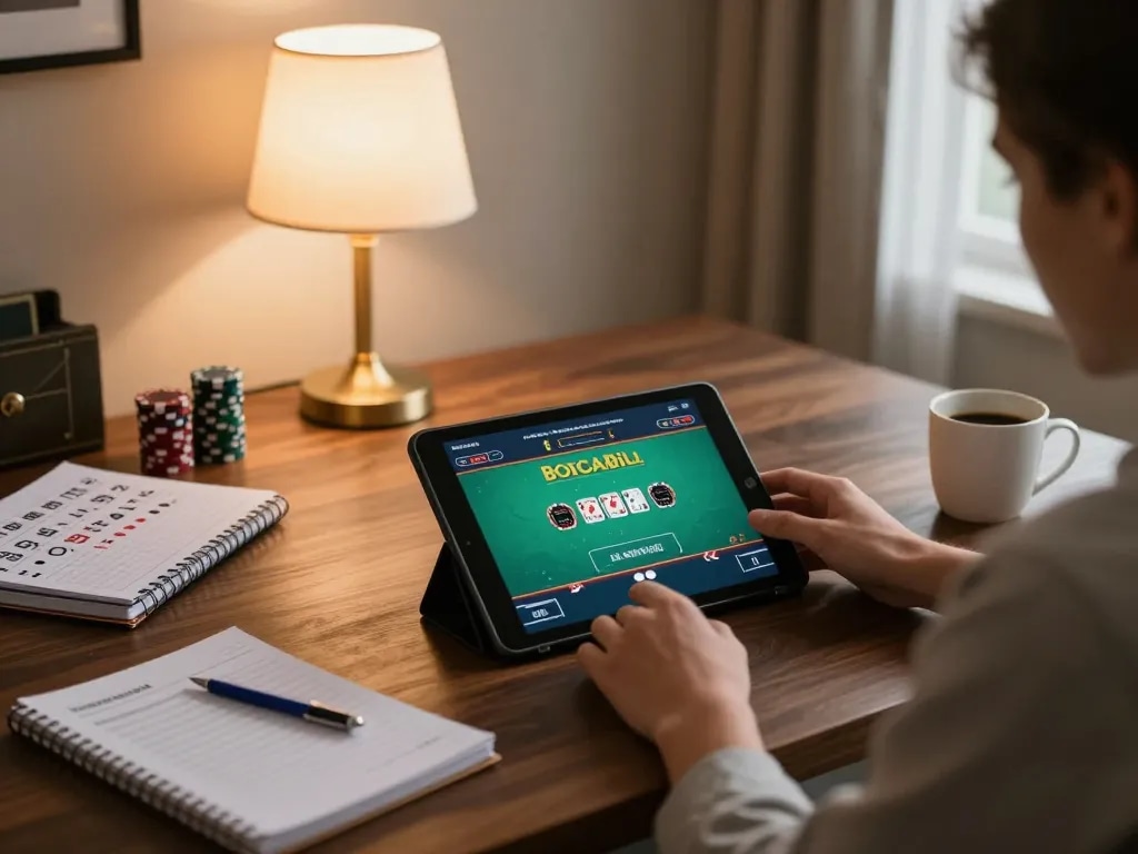 Player enjoying lc88 live dealer poker game on tablet during cozy home gaming session