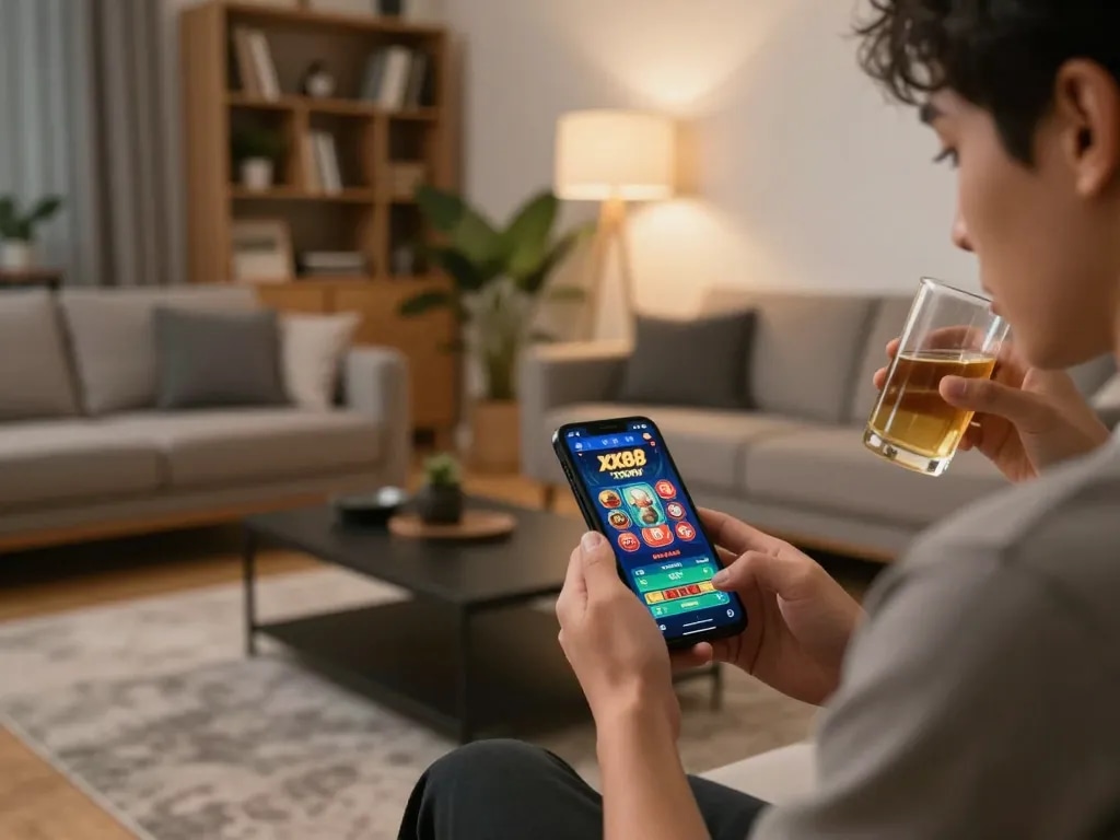 Engaging with XX88 TODAY casino app on smartphone in a cozy home environment