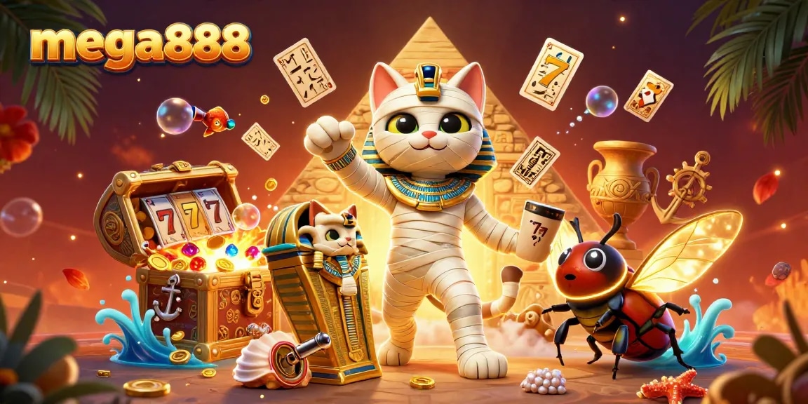 Mainkan mega888 dengan gembira sambil dikelilingi oleh kucing mummy 3D dan elemen kasino berlapis.