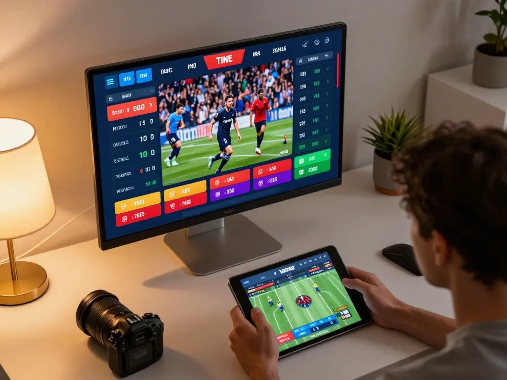 Engaged user placing bets on keonhacaii's online sportsbook interface with live sports highlights.
