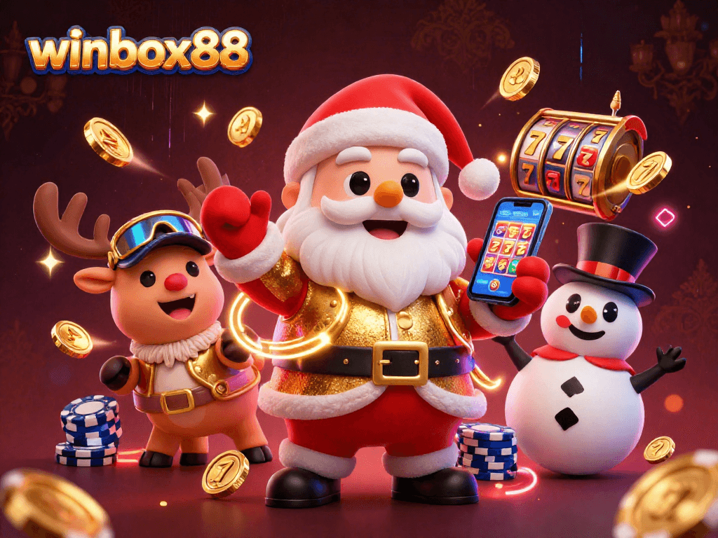 Winbox88 casino experience illustrated with Santa and friends enjoying thrilling slot jackpots.
