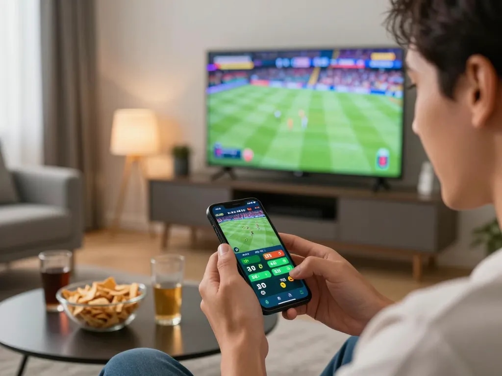 Engaged in live betting at rr88, a person places a wager on their smartphone during an exciting sports match.