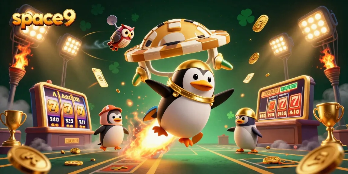 Play exciting games at Space9 Casino, featuring a golden penguin racing towards winnings.