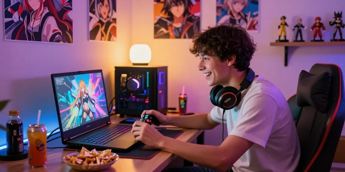 Engaged player enjoying hentai games on a gaming laptop with vibrant decor.
