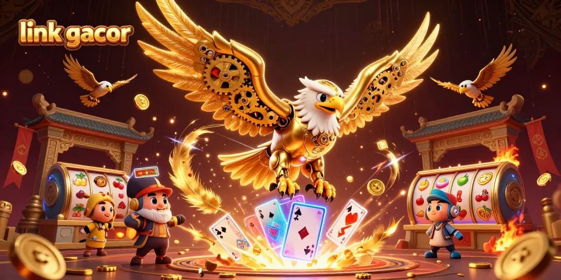 Experience thrilling action with link gacor as a golden eagle dives through slot symbols and holographic cards.