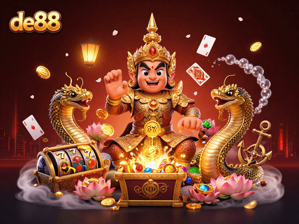 Experience excitement at de88 with a dynamic scene featuring slot reels and vibrant characters.