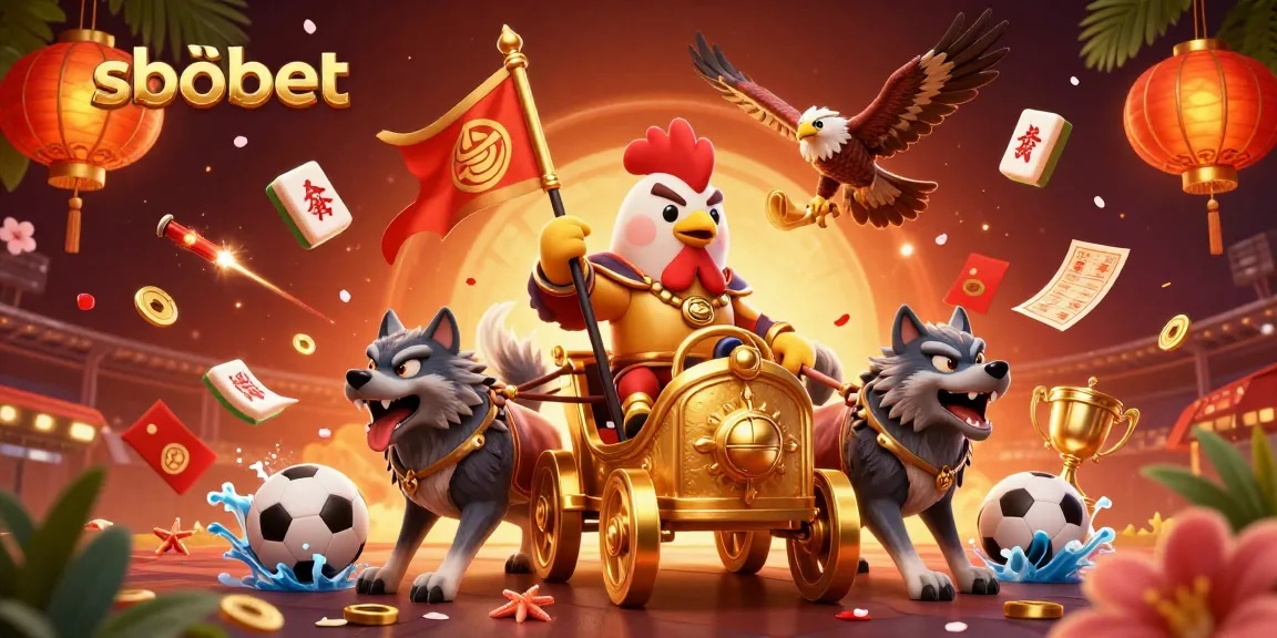 Experience sbobet betting excitement with a 3D rooster warlord surrounded by sports elements and dynamic energy.