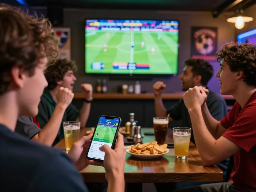 Betting on football matches with 7m-7m mobile app in a lively sports bar atmosphere.