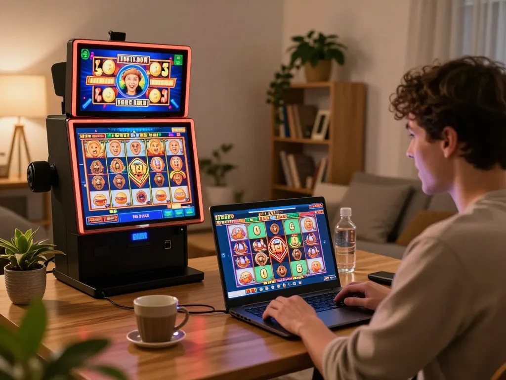 Player enjoying online slots on laptop at home, celebrating wins on jus77 platform.
