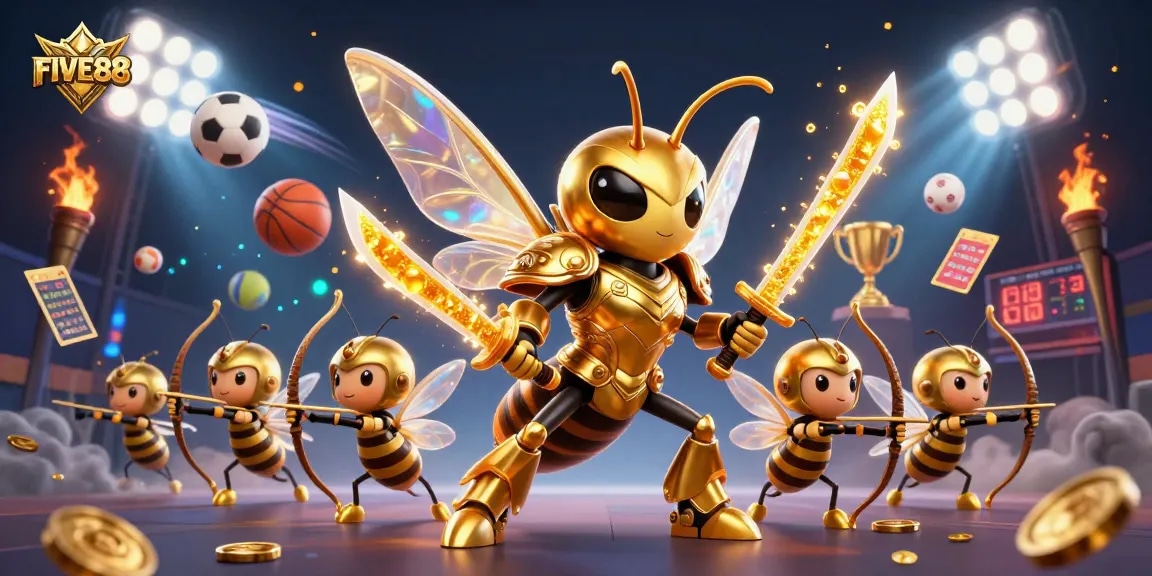 Engage in thrilling casino gameplay at FIVE88 with a vibrant and dynamic 3D illustration depicting exciting sports betting elements.