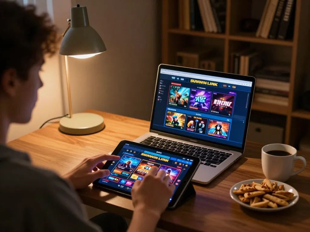 Engaged player using SUNWIN LINK on tablet in cozy gaming setup, surrounded by strategic notes.