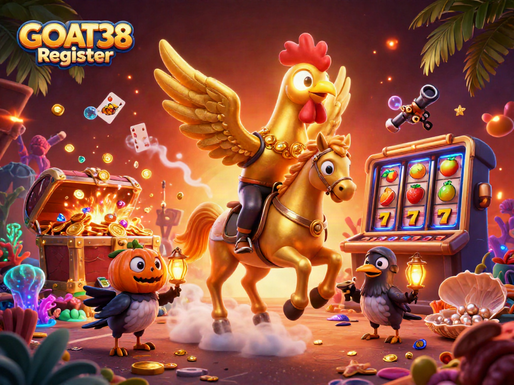 Spin to win with GOAT38 Register amidst a vibrant casino scene packed with thrilling gaming elements.