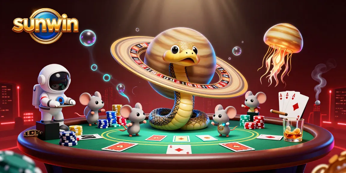 Experience the thrill of sunwin as astronaut mice bet on a roulette-like Saturn, showcasing vibrant casino elements.