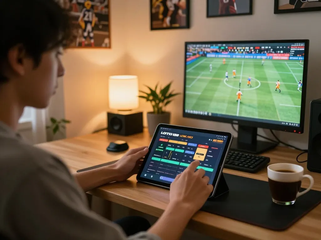 Engaging in online betting with LOTO188 LINK MỚI on a tablet in a cozy home setup
