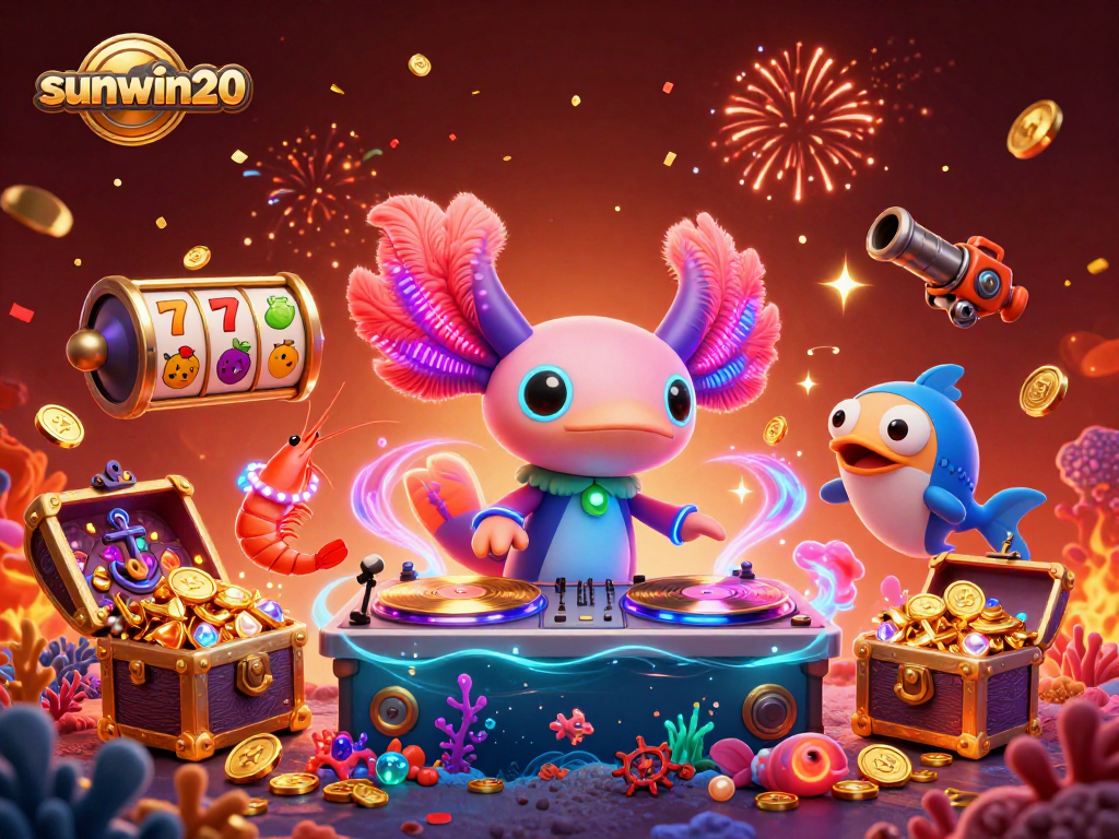 Engage with sunwin20 through a vibrant casino scene featuring a neon axolotl DJ amidst slot reels, gold coins, and lively cardboard.