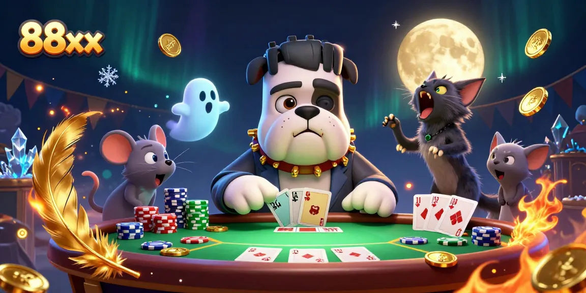 Engage in thrilling poker action with 88xx, featuring vibrant characters and dynamic casino elements.