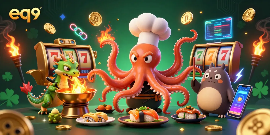 Experience thrilling gameplay at EQ9, where a sushi chef octopus prepares dishes with exciting slot reels and crypto elements.