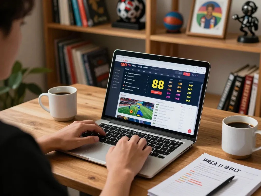 Engaging moment of sports betting with kèo nhà cái 88 odds displayed on laptop, creating a cozy online gambling atmosphere
