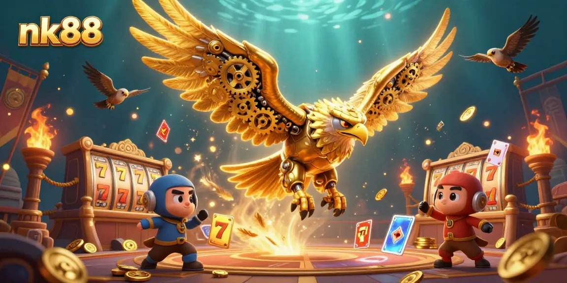 Engaging nk88 gaming illustration showcasing a golden eagle diving through vibrant slot reels and poker cards.