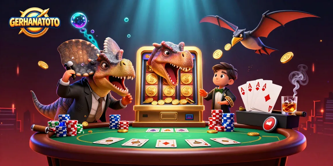 GERHANATOTO memicu jackpot dengan slot machine, menyebar koin emas dalam suasana kasino yang meriah.