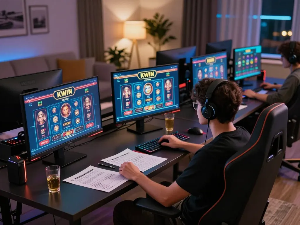 Player enjoying KWIN online casino games on a stylish home gaming setup with multiple screens.