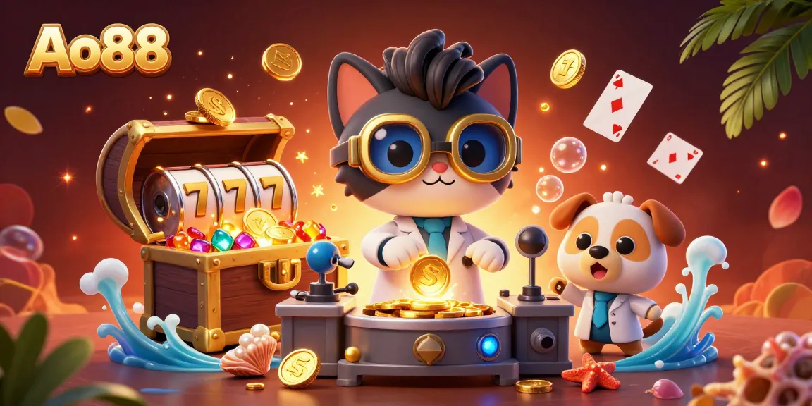 Experience Ao88's thrilling gaming scene with a mad scientist cat creating gold coins amidst dynamic casino elements.