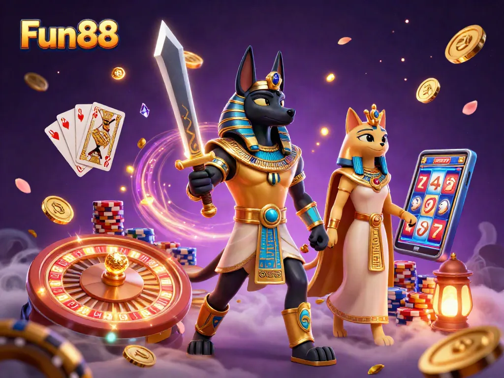 Experience thrilling gaming action with Fun88's vibrant casino illustration featuring Anubis and Bastet.