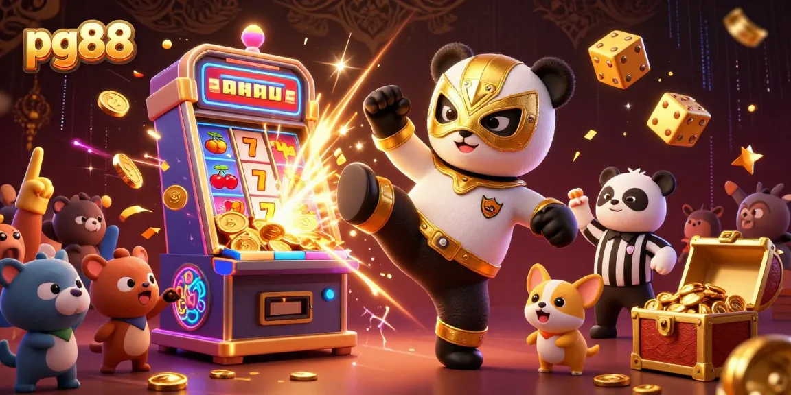 A panda wrestler celebrates a jackpot at pg88 with a vibrant slot machine and cheering animal crowd.