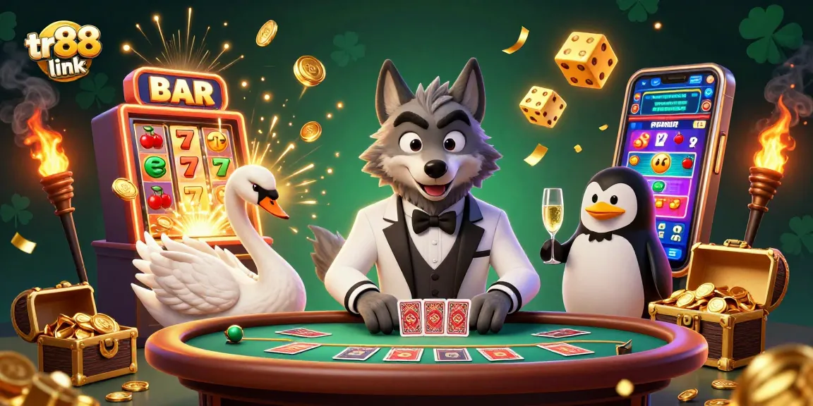 Engage with tr88 link at a baccarat table with a debonair wolf, elegant swan, and champagne-presenting penguin.