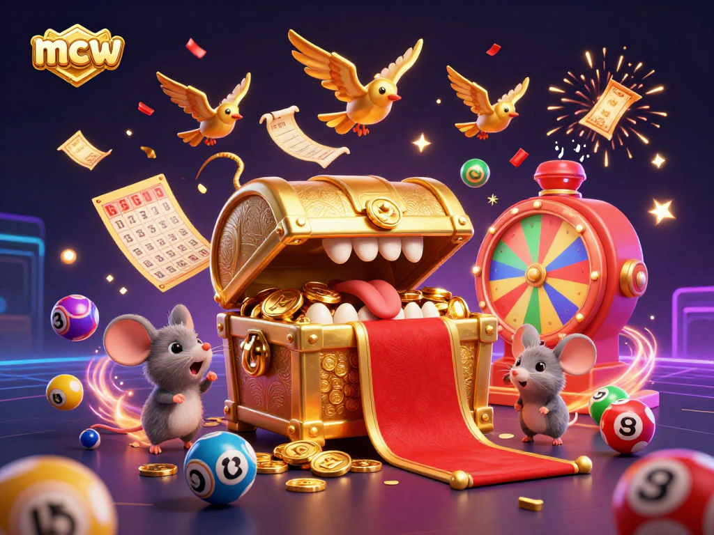 Experience the excitement of mcw with a dynamic illustration featuring a golden treasure chest, adventurous mice, and lively casino game elements.