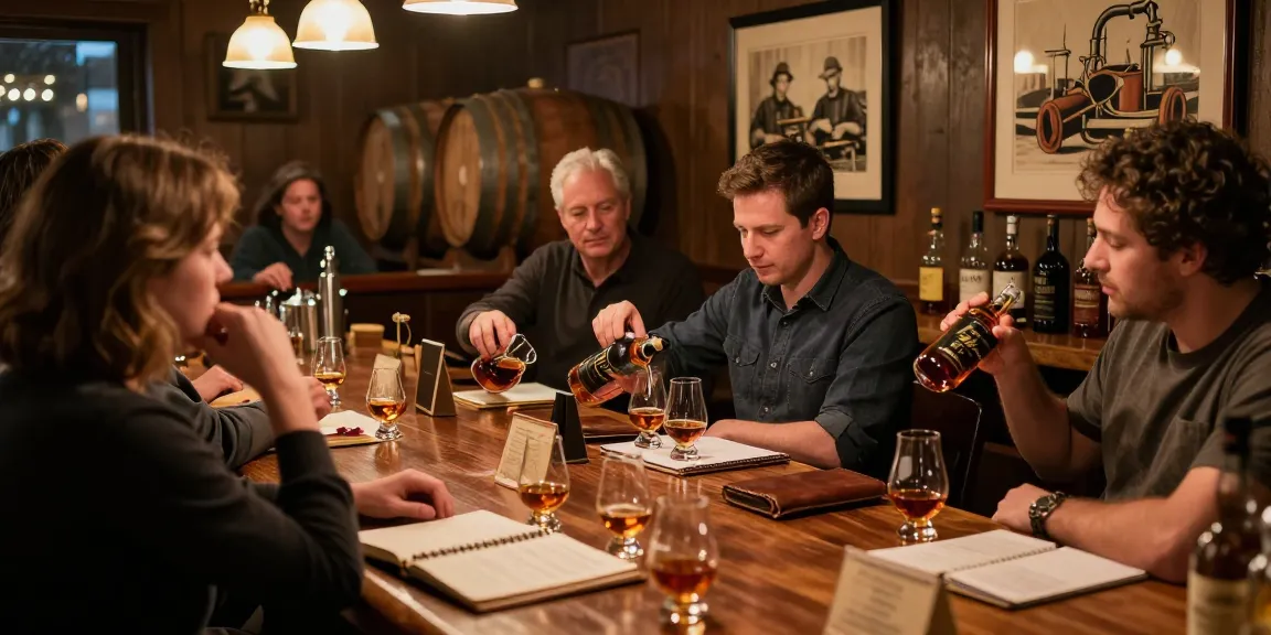 Gathering of whiskey lovers enjoying Weller Antique 107 bourbon in a cozy bar setting.