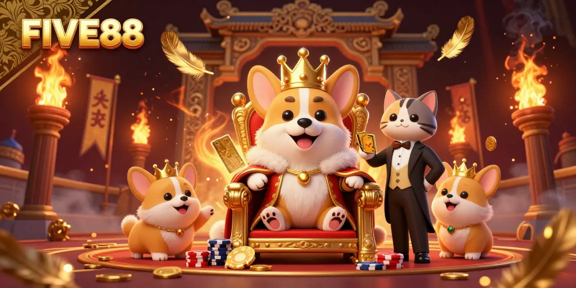 Experience the excitement of FIVE88 with a royal corgi and a cat butler in a rich casino scene.