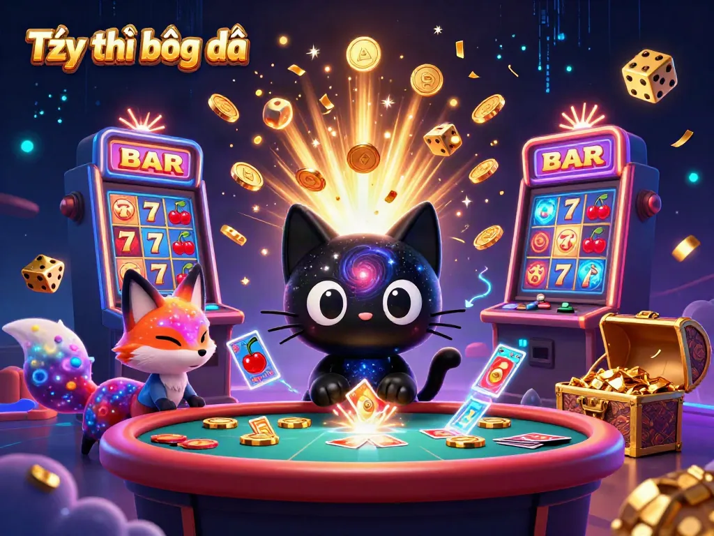 Engaging illustration showcasing Tỷ lệ bóng đá with a cosmic cat and fox at a dynamic casino table with golden chips.