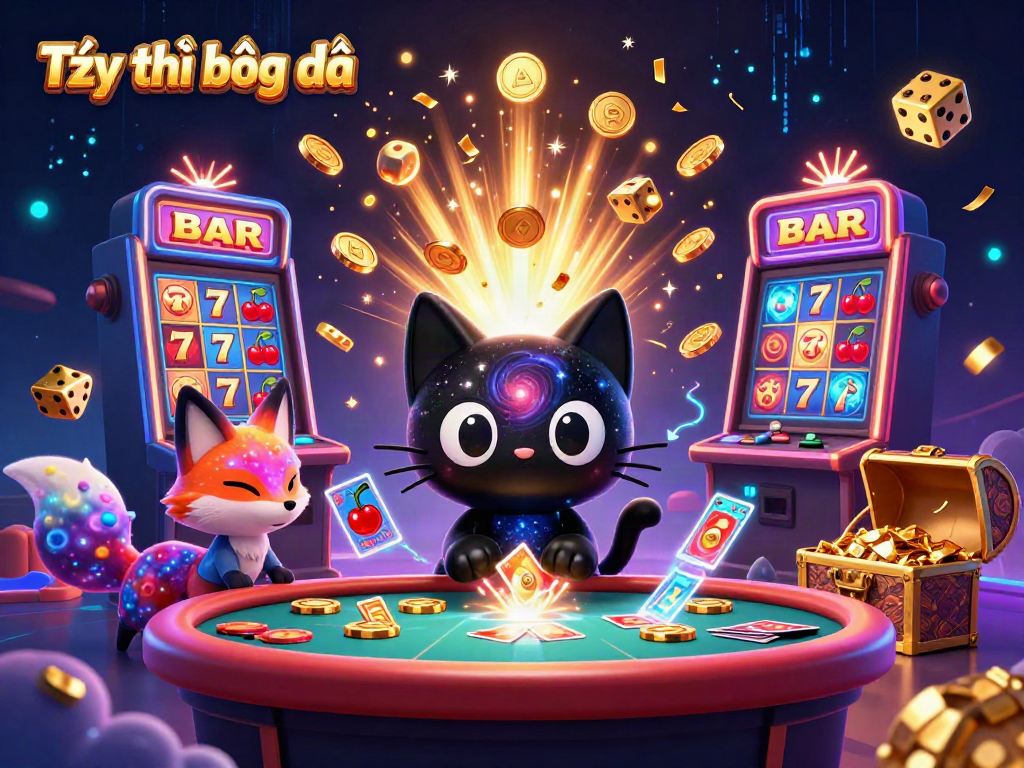 Engaging illustration showcasing Tỷ lệ bóng đá with a cosmic cat and fox at a dynamic casino table with golden chips.
