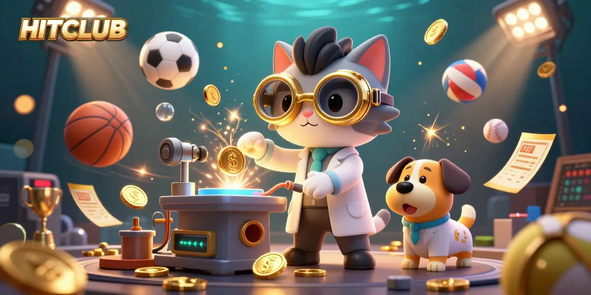 Experience the excitement at HITCLUB with a dynamic casino-themed scene featuring a mad scientist cat and sports betting elements.