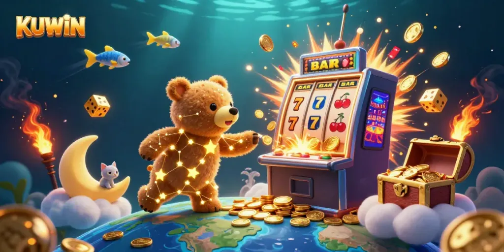 Engage with KUWIN's vibrant jackpot experience, including dazzling slot machines and playful characters.