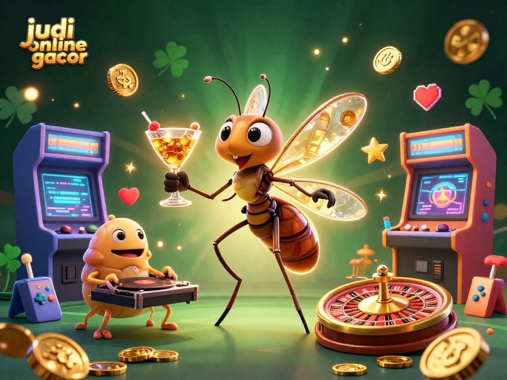Gambaran judi online gacor dengan karakter kasino berwarna-warni dan mesin permainan menarik.