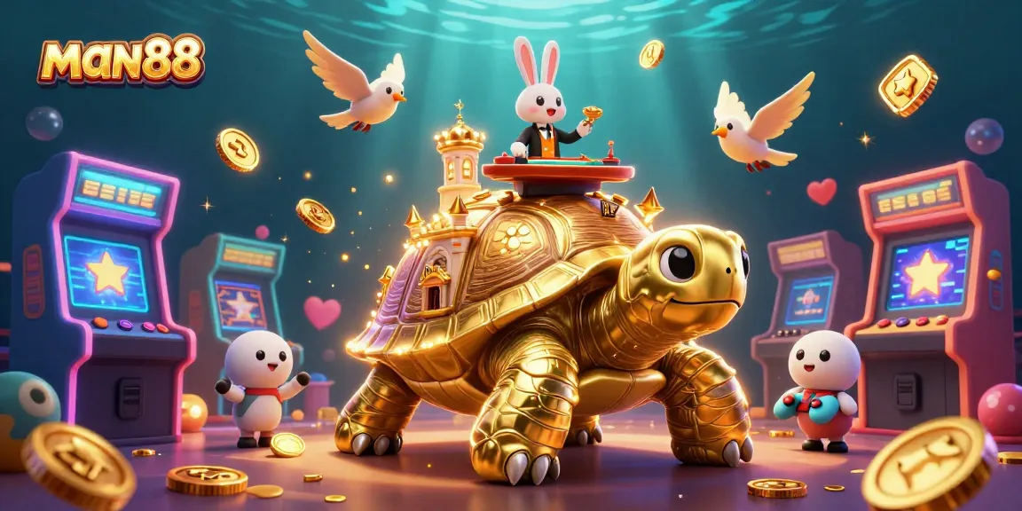 Experience the exciting world of man88 with a vibrant casino scene showcasing golden tortoise and rabbit dealer.