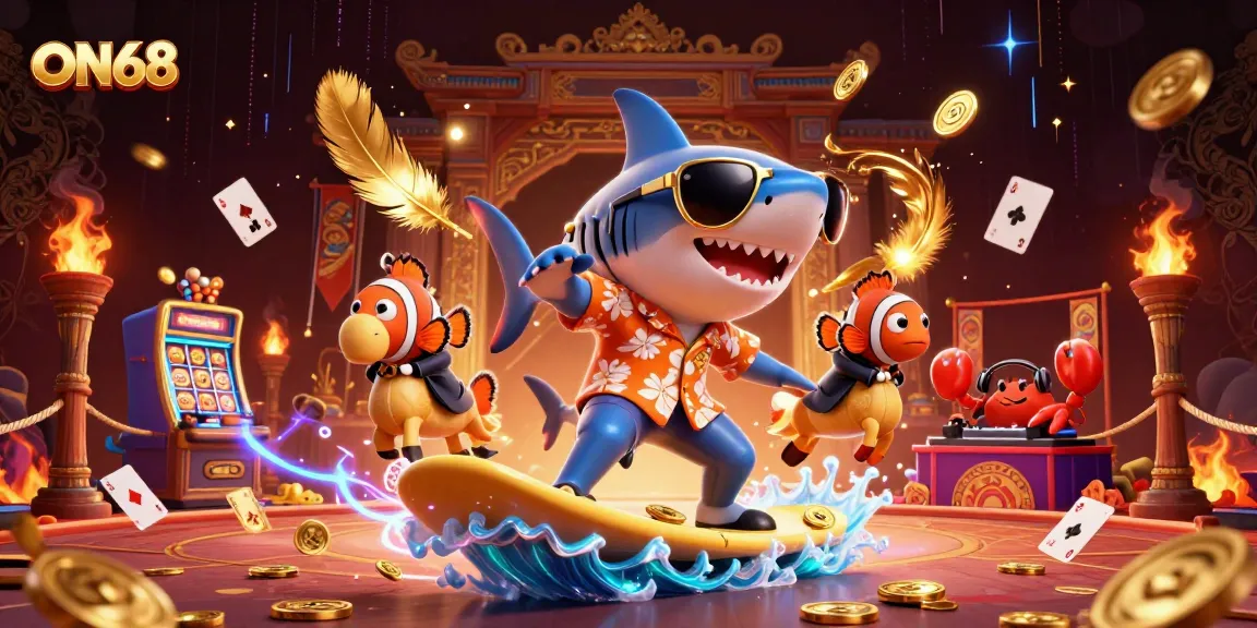 Join the adventure at ON68 with an exciting casino scene featuring a surfing shark, clownfish, and crab DJ.