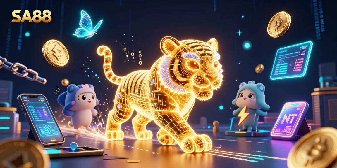 Experience thrilling action at SA88 with a neon golden tiger illuminating the digital casino scene.