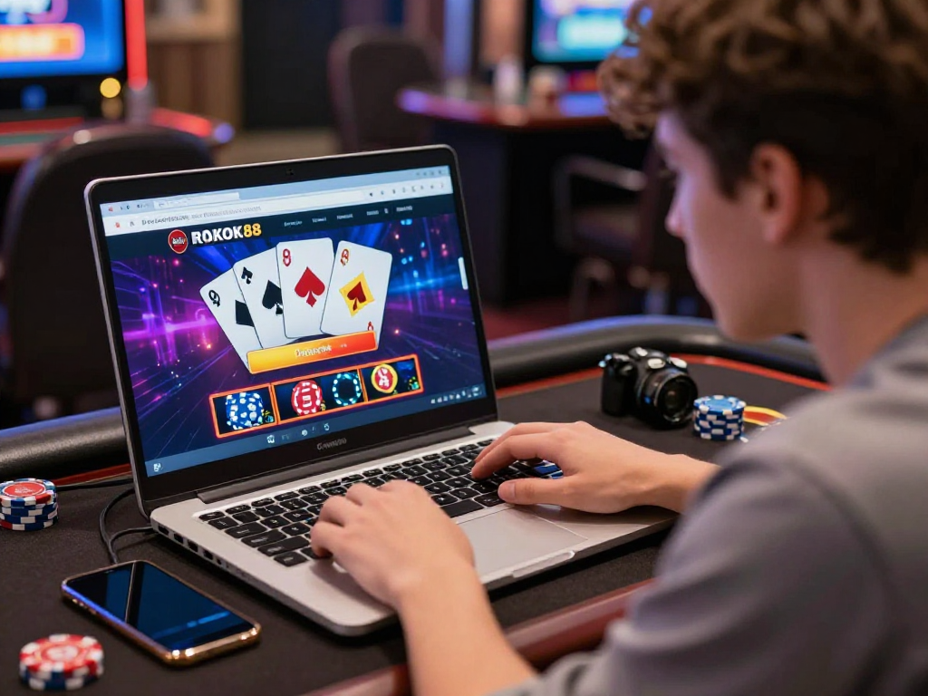 rokok88 login at an online casino with vibrant graphics and gaming props.