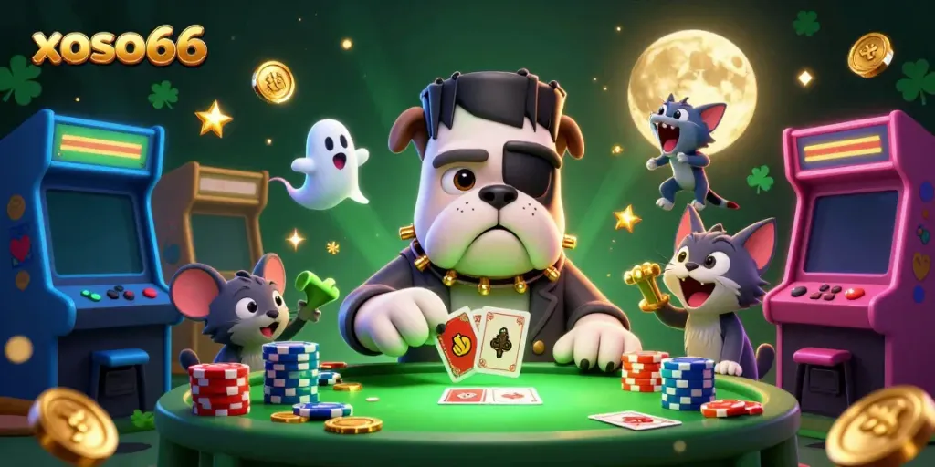 Engage in thrilling games at xoso66 with a lively 3D illustration featuring unique characters and casino play.