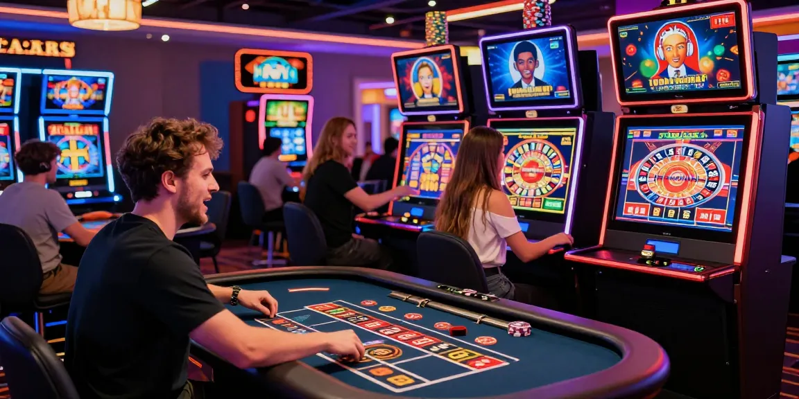 Giocatori entusiasti nei siti casino non AAMS, immersi in giochi d'azzardo online con luci vivaci e atmosfera coinvolgente.