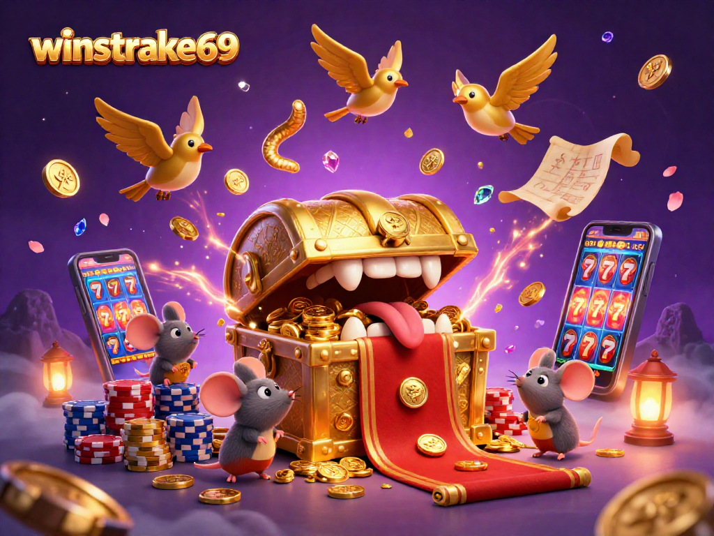 Reveal thrilling wins at winstrike69 with adventurous mice near a treasure chest in a vibrant casino setting.