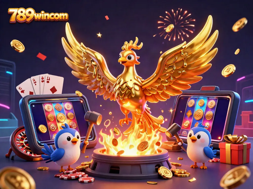 Experience thrilling gameplay with 789wincom's vibrant 3D illustration of a golden phoenix and dynamic gaming elements.