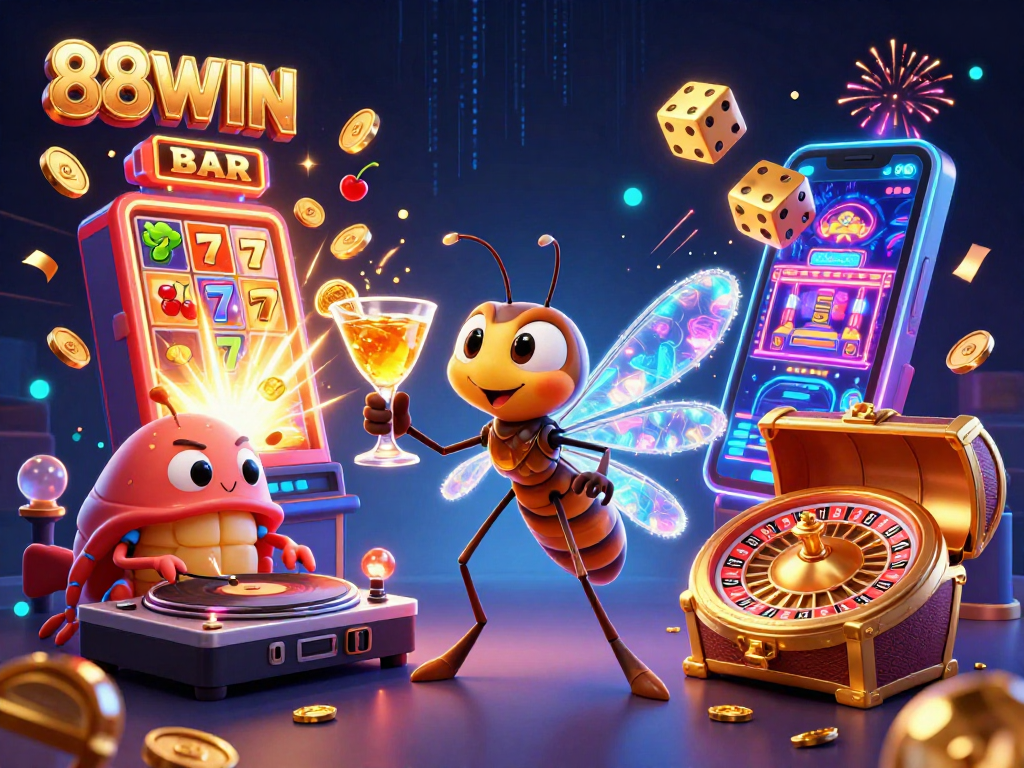 Experience the excitement of 88WIN in this vibrant casino illustration filled with thrilling elements.